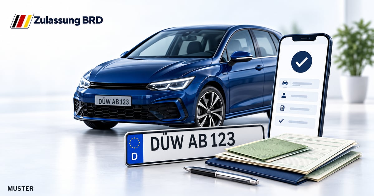 Online Fahrzeugzulassung in Haßloch: Musterkennzeichen DÜW AB 123, Auto und Fahrzeugpapiere und Smartphone. Illustration mit Logo von Zulassung BRD.